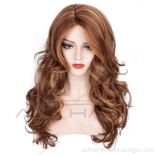 Aisi Hair Dark Brown Mixed White Color Synthetic Long Curly Wave Wigs Heat Resistant Fiber Fashion Cosplay Wigs for Women